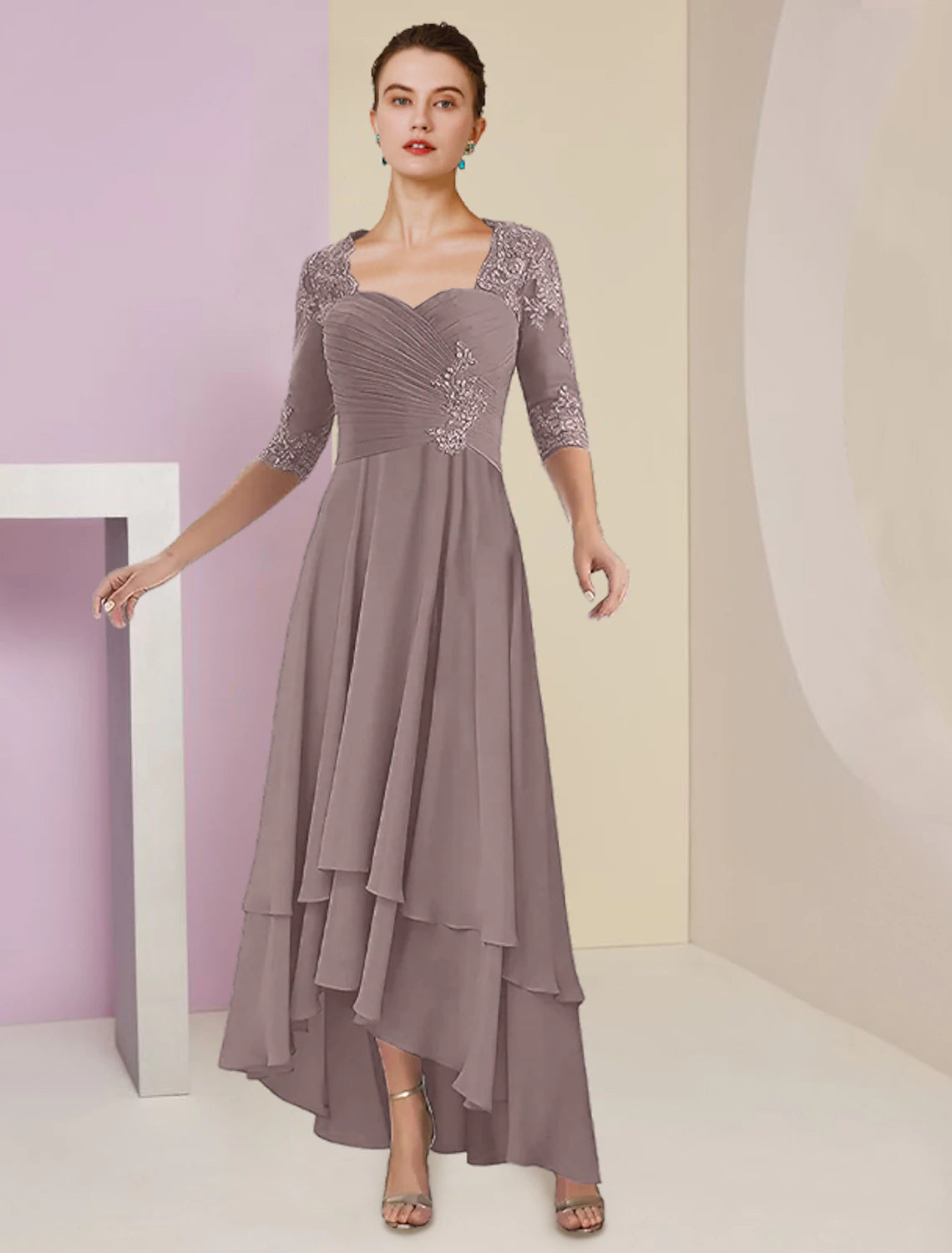 Two Piece A-Line Mother of the Bride Dress Formal Wedding Guest Elegant Square Neck Asymmetrical Tea Length Chiffon Lace 3/4 Length Sleeve Wrap Included with Ruched Tier Appliques