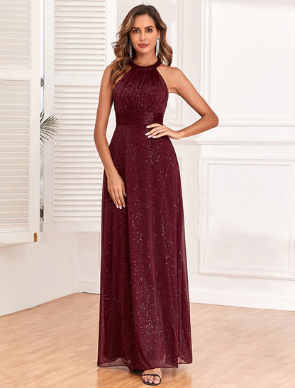 A-Line Evening Gown Empire Dress Evening Party Wedding Reception Floor Length Sleeveless Halter Neck Polyester Backless V Back with Glitter