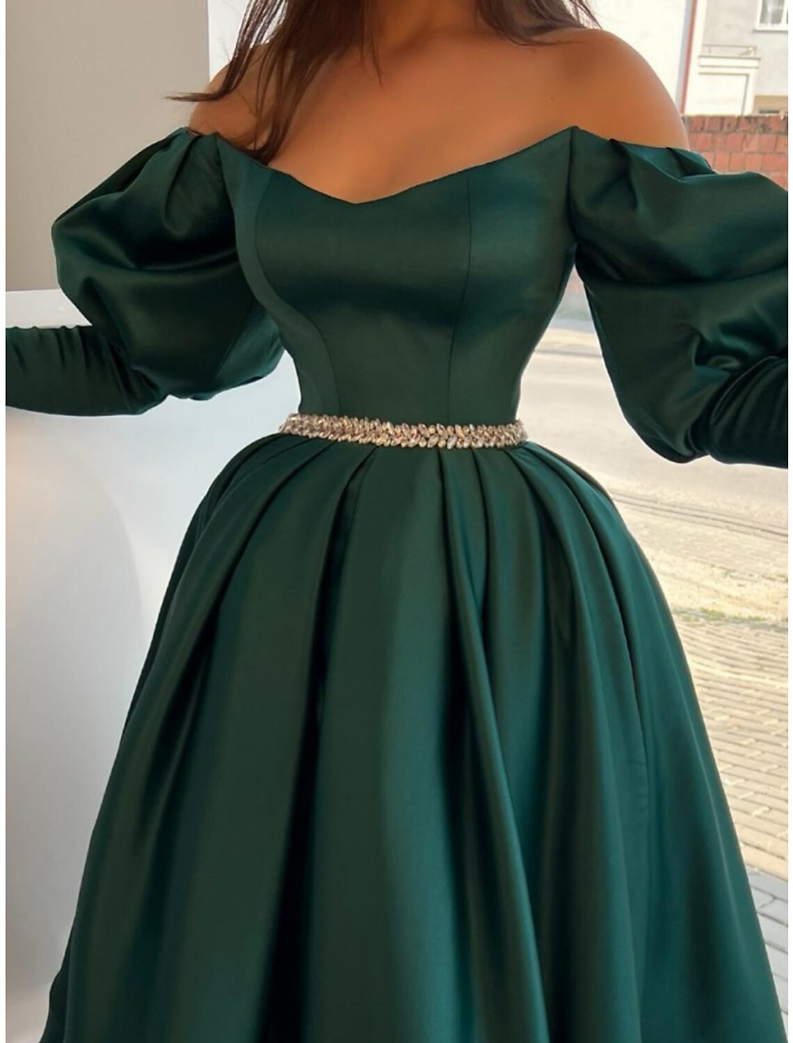 A-Line Evening Gown Elegant Dress Formal Tea Length Christmas Red Green Dress Long Sleeve Off Shoulder Satin with Pleats Crystals