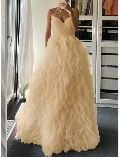 A-Line Prom Dresses Elegant Dress Formal Floor Length Sleeveless Spaghetti Strap Tulle with Pleats Ruffles