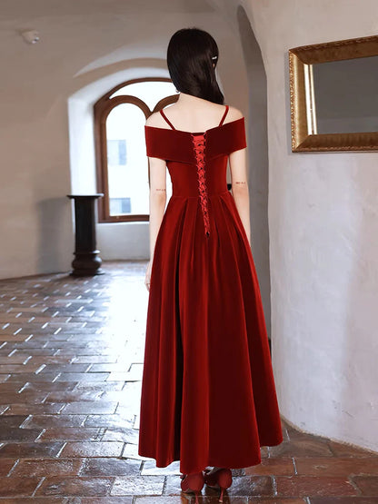 Fashion Simple Off Shoulder A-Line Tea Length Velvet Bow collar Prom Dress Temperament Elegant Party dress