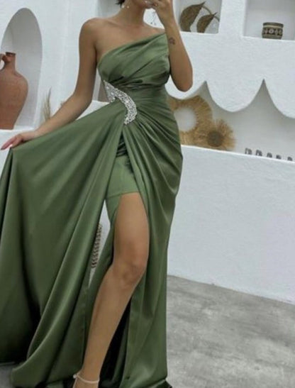 Mermaid / Trumpet Evening Gown Cut Out Dress Formal Wedding Guest Sweep / Brush Train Sleeveless One Shoulder Bridesmaid Dress Charmeuse with Rhinestone Ruched Slit