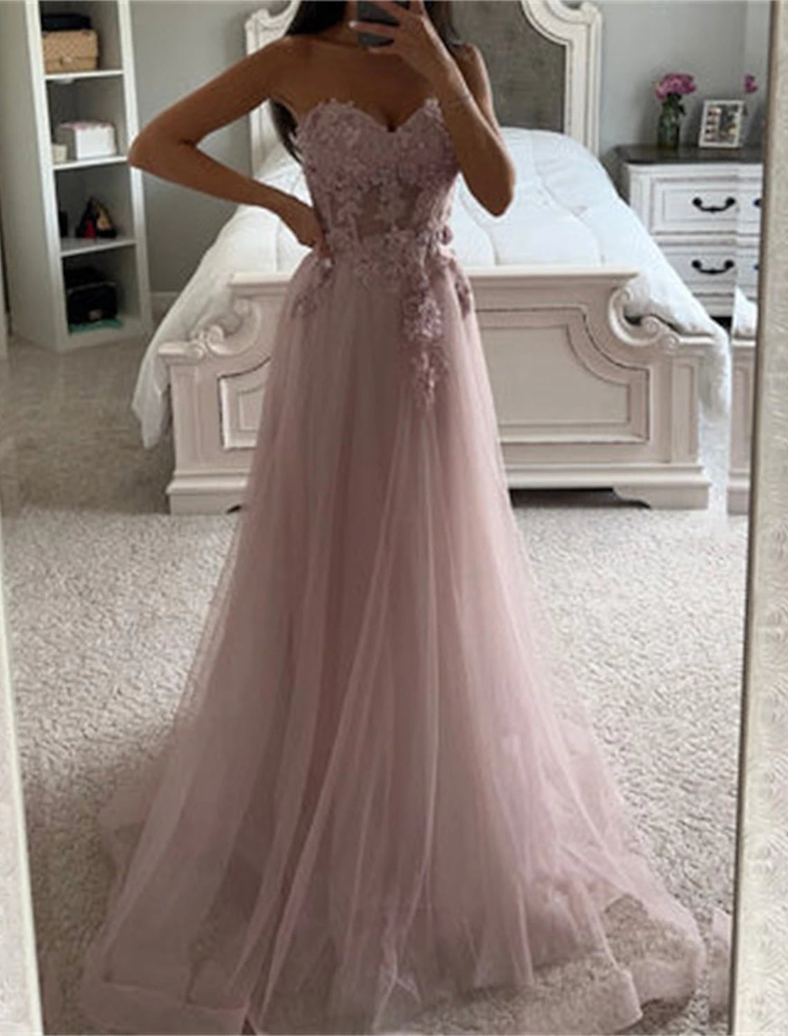 A-Line Prom Dresses Corsets Dress Formal Evening Party Court Train Long Sleeve Strapless Tulle with Appliques