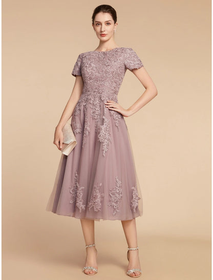 A-Line Mother of the Bride Dress Wedding Guest Elegant Petite Jewel Neck Tea Length Lace Tulle Short Sleeve with Ruching Flower