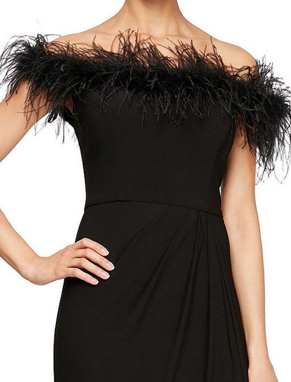 Sheath / Column Elegant Formal Evening Dress Off Shoulder Short Sleeve Floor Length Stretch Satin with Feathers / Fur Draping