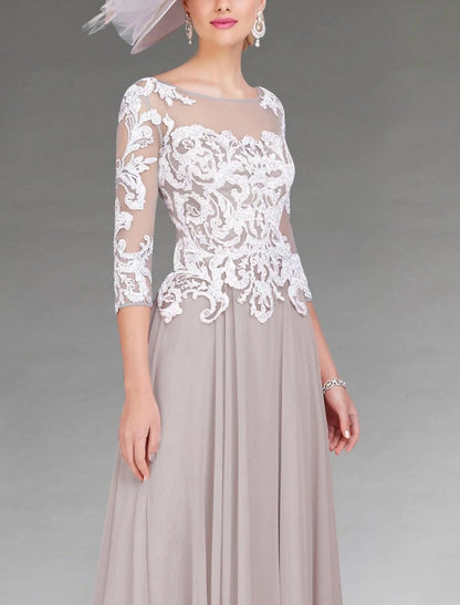 Formal Wedding Guest Elegant Jewel Neck Asymmetrical Ankle Length Chiffon Lace 3/4 Length Sleeve with Appliques Mother of the Bride Dress