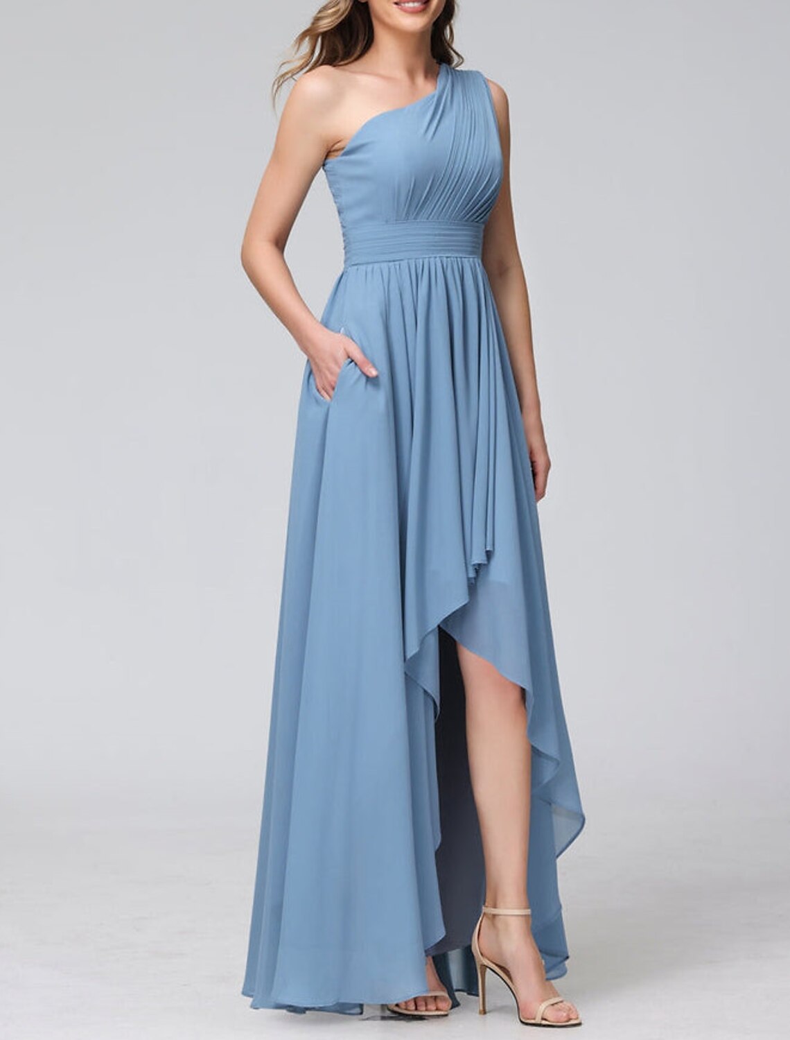 A-Line Bridesmaid Dress One Shoulder Sleeveless Blue Asymmetrical Chiffon with Solid Color