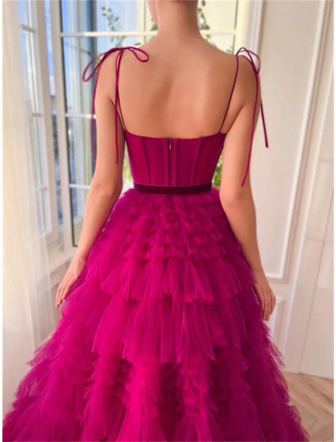 Ball Gown Evening Gown Puffy Dress Wedding Party Birthday Floor Length Sleeveless Spaghetti Strap Tulle with Ruffles Strappy