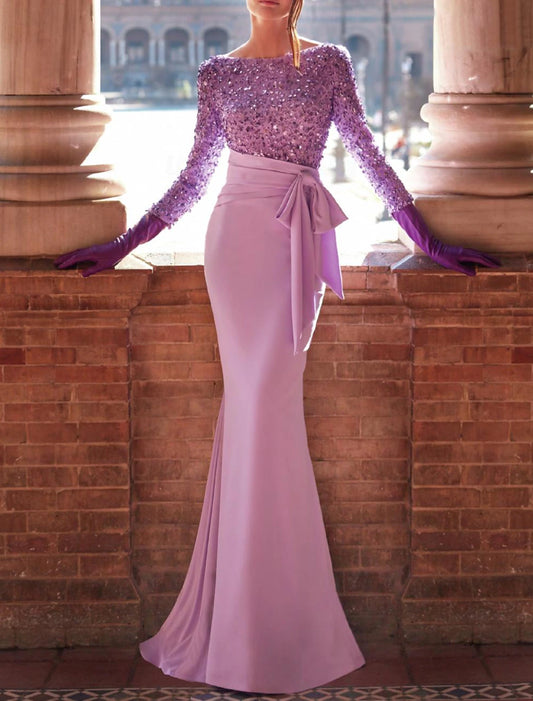 Wedding Reception Floor Length Long Sleeve Jewel Neck Sequined with Bow(s) Pearls Evening Gown Elegant Dress Formal