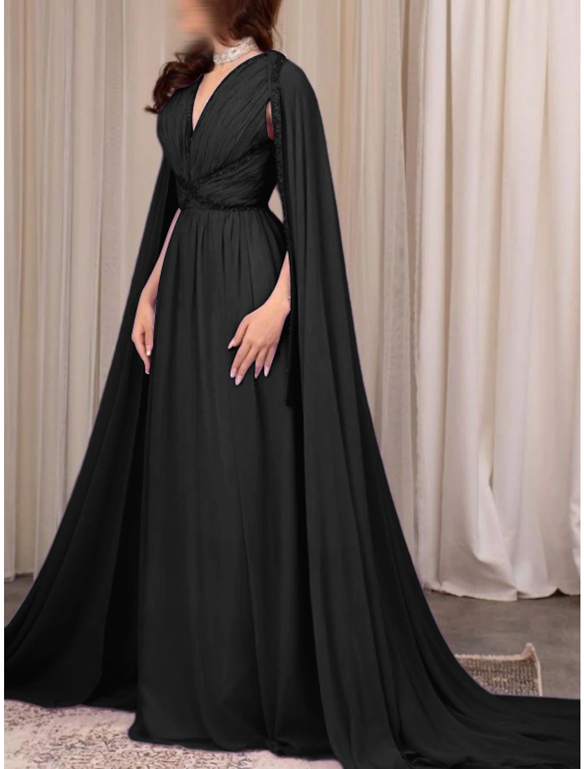 A-Line Evening Gown Elegant Dress Formal Fall Court Train Long Sleeve V Neck Chiffon with Pleats Sequin