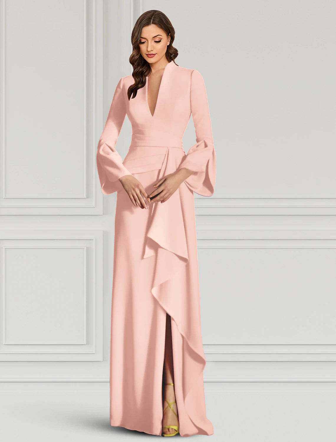 Sheath / Column Evening Gown Elegant Dress Formal Cocktail Party Floor Length Long Sleeve V Neck Fall Wedding Guest Stretch Fabric with Ruffles