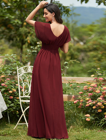 A-Line Elegant Formal Evening Dress V Neck Short Sleeve Floor Length Chiffon with Draping