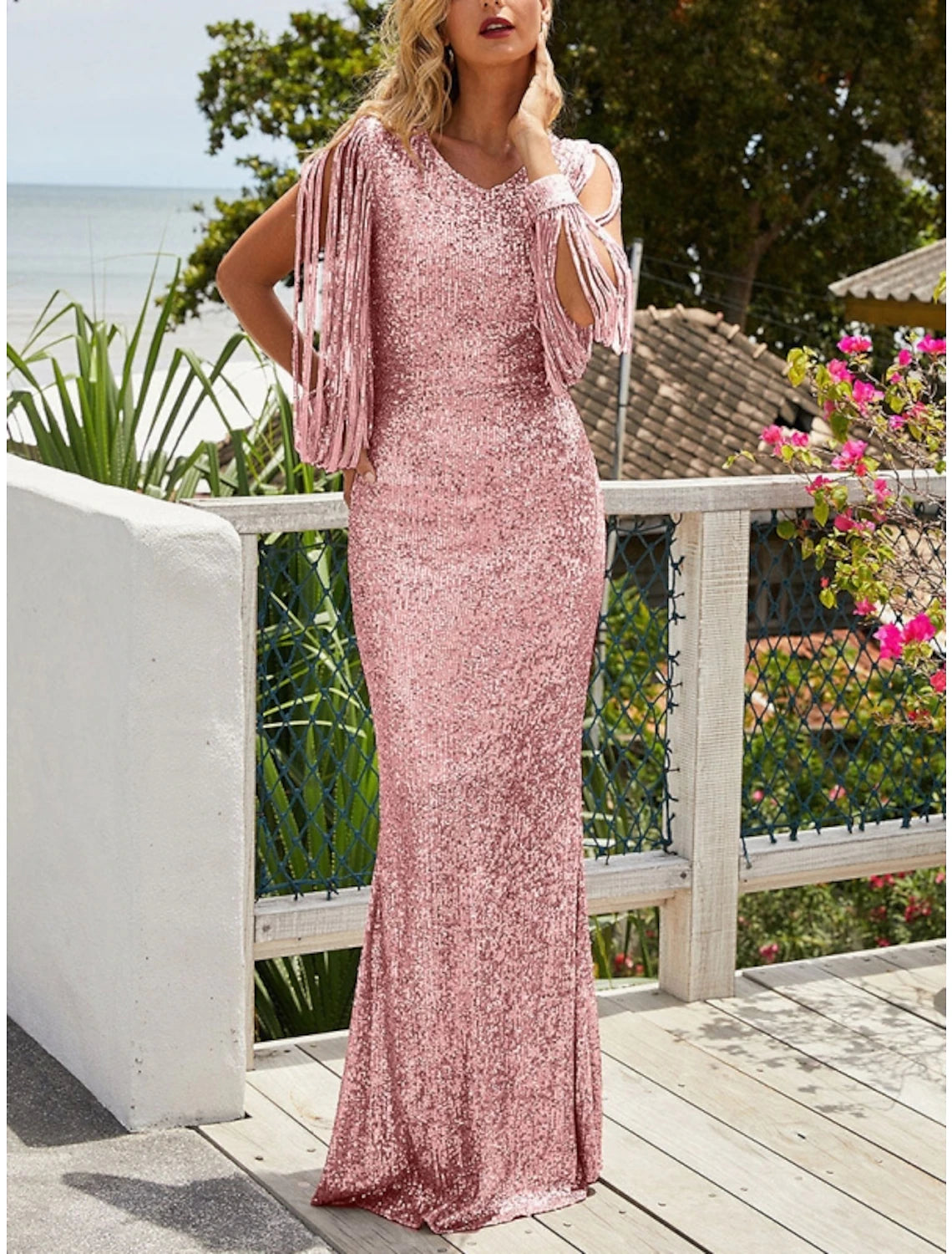 Sheath / Column Evening Gown Sparkle & Shine Dress Wedding Guest Party Wear Sweep / Brush Train Long Sleeve V Neck Sequined with Glitter Pleats