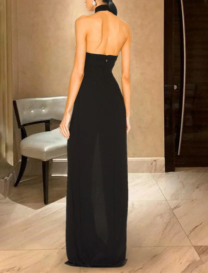 Mermaid Black Dress Evening Gown Elegant Dress Formal Wedding Guest Sweep / Brush Train Sleeveless Halter Neck Gothic Stretch Chiffon with Slit