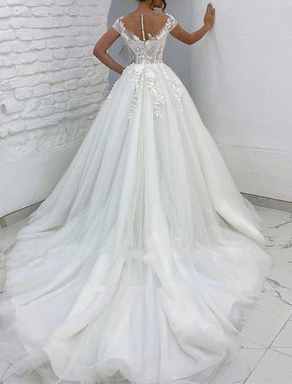 Formal Wedding Dresses Ball Gown V Neck Cap Sleeve Chapel Train Lace Bridal Gowns With Appliques