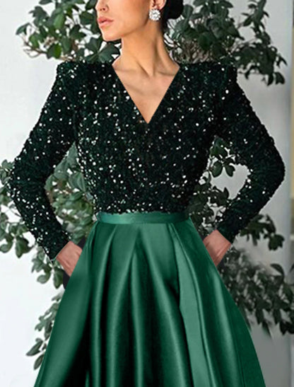 A-Line Cocktail Dresses Christmas Red Green Dress Formal Wedding Guest Tea Length Long Sleeve V Neck Sequined with Sequin