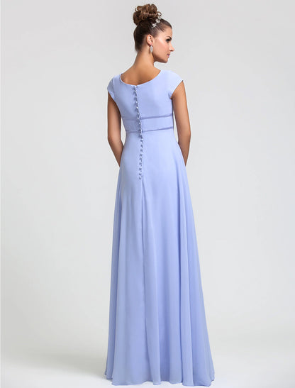 Sheath / Column Bridesmaid Dress Square Neck Short Sleeve Elegant Floor Length Chiffon with Sash / Ribbon / Pleats