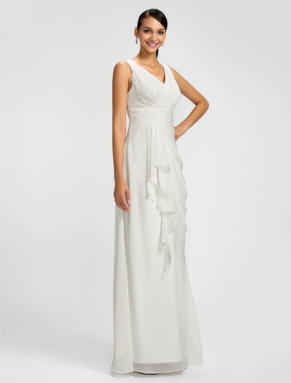 Sheath / Column V Neck Floor Length Chiffon Bridesmaid Dress with Draping / Sash / Ribbon / Side Draping