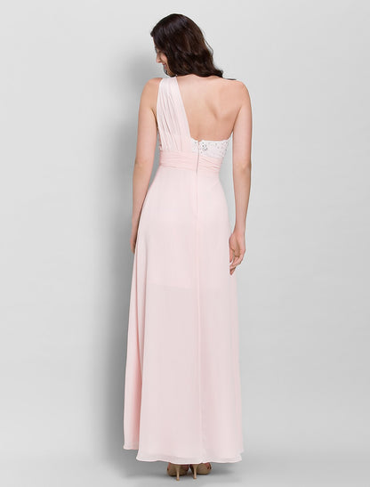 Sheath / Column Bridesmaid Dress One Shoulder Sleeveless Elegant Ankle Length Chiffon with Beading