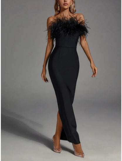 Black Sheath / Column Evening Gown Elegant Dress Formal Fall Ankle Length Sleeveless Strapless Stretch Fabric with Feather Slit