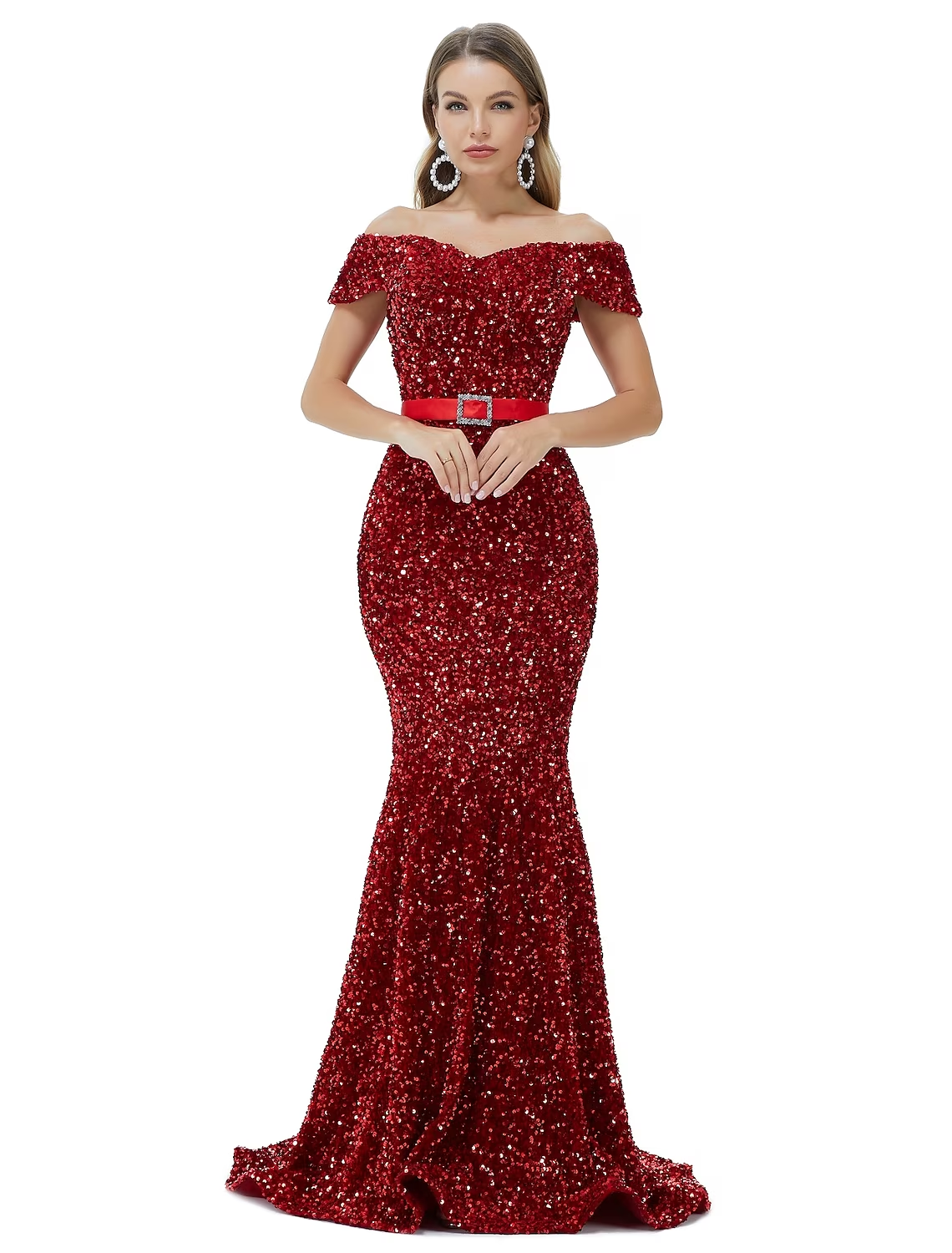 Mermaid / Trumpet Sparkle bodycon Engagement Formal Evening Dress Off Shoulder Cowl Back Sleeveless Court Train Sequined with Sequin