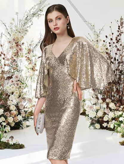 Sheath / Column Cocktail Dresses Glittering Dress Graduation Knee Length Half Sleeve V Neck Sequined with Sleek