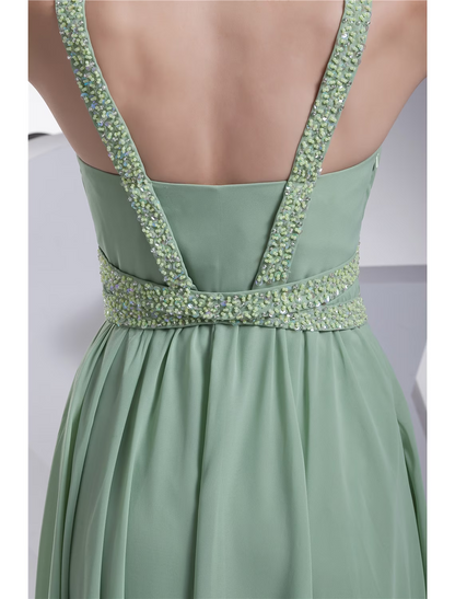 A-Line Evening Gown Sparkle Dress Formal Evening Floor Length Sleeveless Spaghetti Strap Chiffon with Beading