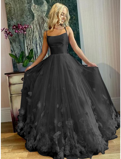 A-Line Prom Dresses Elegant Dress Engagement Floor Length Sleeveless Spaghetti Strap Tulle with Pleats Appliques