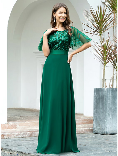 A-Line Prom Dresses Empire Dress Evening Party Floor Length Short Sleeve Jewel Neck Chiffon V Back with Sequin