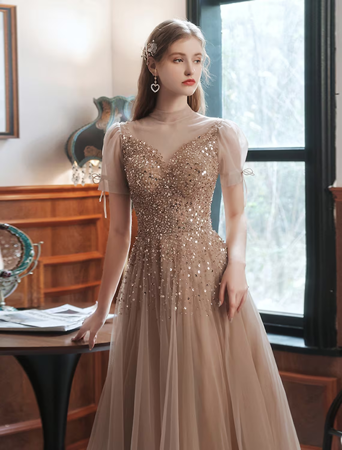 A-Line Prom Dresses Sparkle Dress Engagement Floor Length Sleeveless High Neck Tulle with Bow(s) Beading Sequin