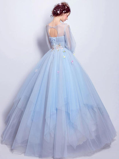 Ball Gown Elegant Floral Puffy Quinceanera Engagement Dress Illusion Neck 3/4 Length Sleeve Floor Length Tulle with Pleats Appliques