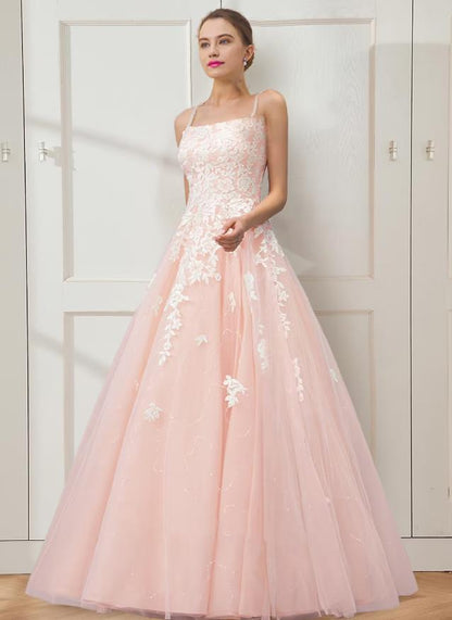 Ball Gown Prom Dresses Floral Dress Masquerade Floor Length Sleeveless Spaghetti Strap Tulle Crisscross Back with Embroidery