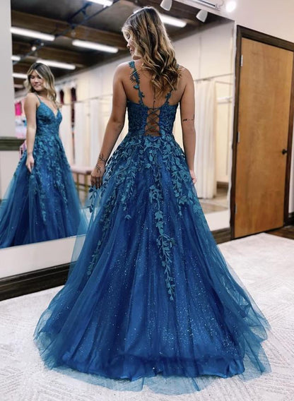 Ball Gown A-Line Prom Dresses Sparkle & Shine Dress Formal Floor Length Sleeveless V Neck Tulle Backless with Glitter Appliques