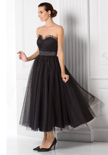 Ball Gown Little Black Dress Dress Holiday Tea Length Sleeveless Sweetheart Tulle with Sash / Ribbon