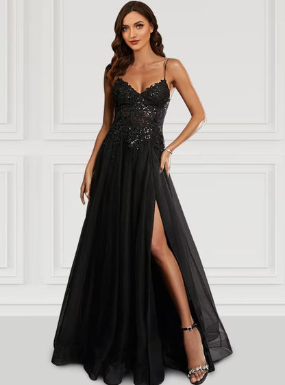 A-Line Prom Dresses Black Dress Party Wear Floor Length Sleeveless Spaghetti Strap Tulle with Glitter Slit