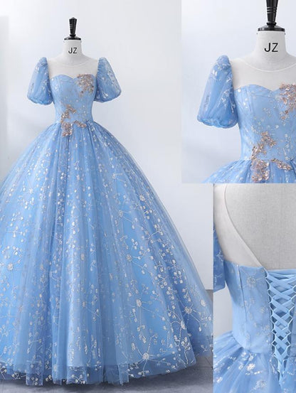 Ball Gown Quinceanera Dresses Princess Dress Performance Floor Length Short Sleeve Square Neck Polyester with Pearls Appliques