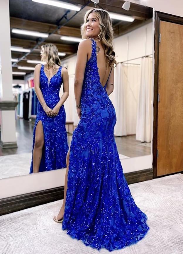 Mermaid / Trumpet Prom Dresses Sparkle & Shine Dress Formal Sweep / Brush Train Sleeveless V Neck Sequined Backless with Sequin