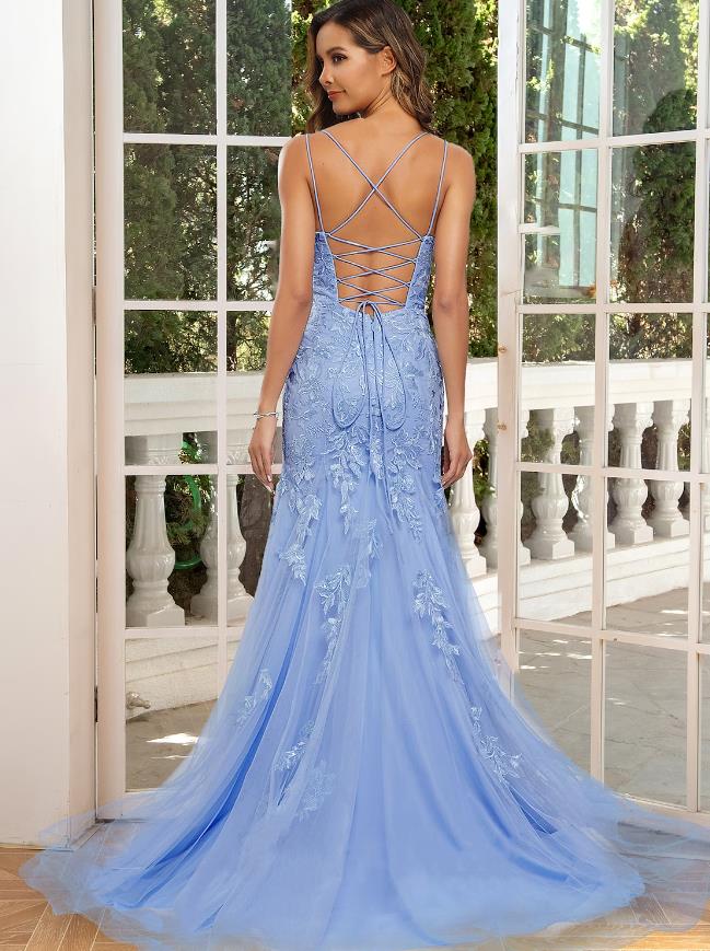 Mermaid / Trumpet Prom Dresses Floral Dress Party Wear Court Train Sleeveless Spaghetti Strap Satin Backless with Appliques