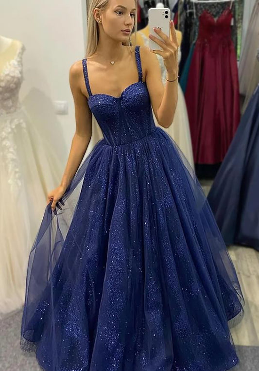 Ball Gown A-Line Prom Dresses Sparkle & Shine Dress Formal Floor Length Sleeveless Sweetheart Tulle Backless with Glitter Pleats