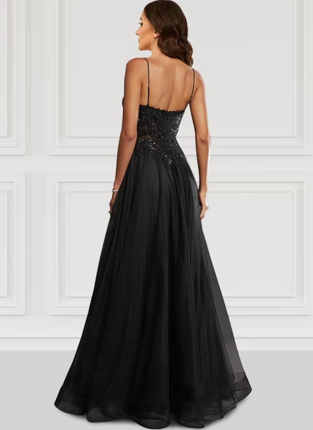 A-Line Prom Dresses Black Dress Party Wear Floor Length Sleeveless Spaghetti Strap Tulle with Glitter Slit