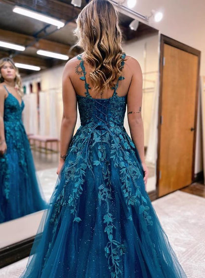 Ball Gown A-Line Prom Dresses Sparkle & Shine Dress Formal Floor Length Sleeveless V Neck Tulle Backless with Glitter Appliques