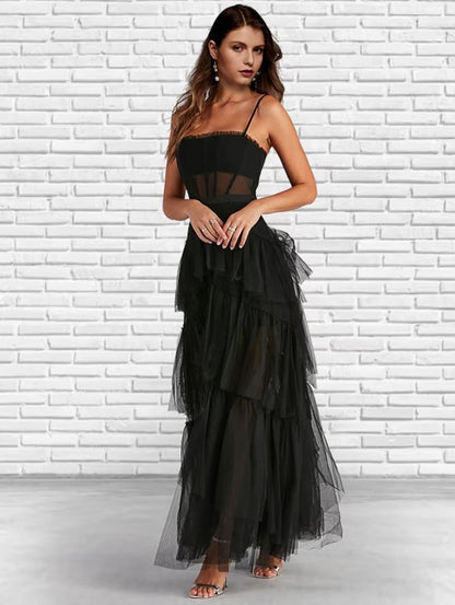 A-Line Prom Dresses Corsets Dress Party Wear Ankle Length Sleeveless Strapless Tulle Ladder Back with Ruffles Pure Color