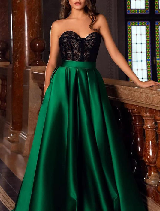 A-Line Evening Gown Vintage Dress Christmas Court Train Sleeveless Sweetheart Pocket Satin with Slit Embroidery Pocket