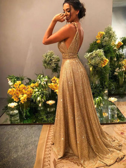 A-Line Prom Dresses Luxurious Dress Homecoming Sweep / Brush Train Sleeveless Spaghetti Strap Stretch Satin Backless with Sequin