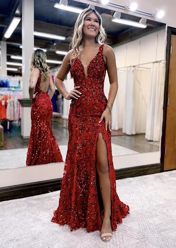 Mermaid / Trumpet Prom Dresses Sparkle & Shine Dress Formal Sweep / Brush Train Sleeveless V Neck Sequined Backless with Sequin