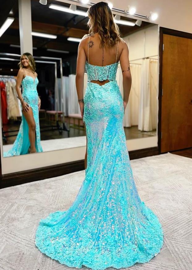 Mermaid / Trumpet Prom Dresses High Split Dress Formal Court Train Sleeveless V Neck Sequined with Slit Appliques