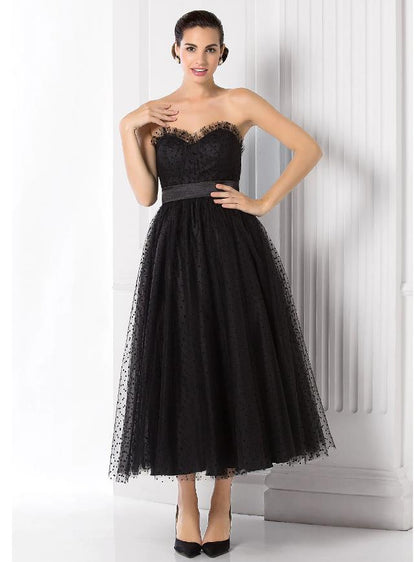 Ball Gown Little Black Dress Dress Holiday Tea Length Sleeveless Sweetheart Tulle with Sash / Ribbon