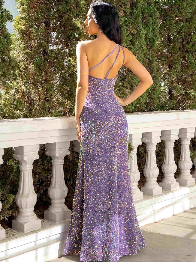 Sheath / Column Prom Dresses Sparkle & Shine Dress Party Wear Floor Length Sleeveless One Shoulder Sequined with Sequin Slit