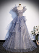 Ball Gown Quinceanera Dresses Princess Dress Performance Floor Length Short Sleeve Square Neck Tulle with Crystals Ruffles