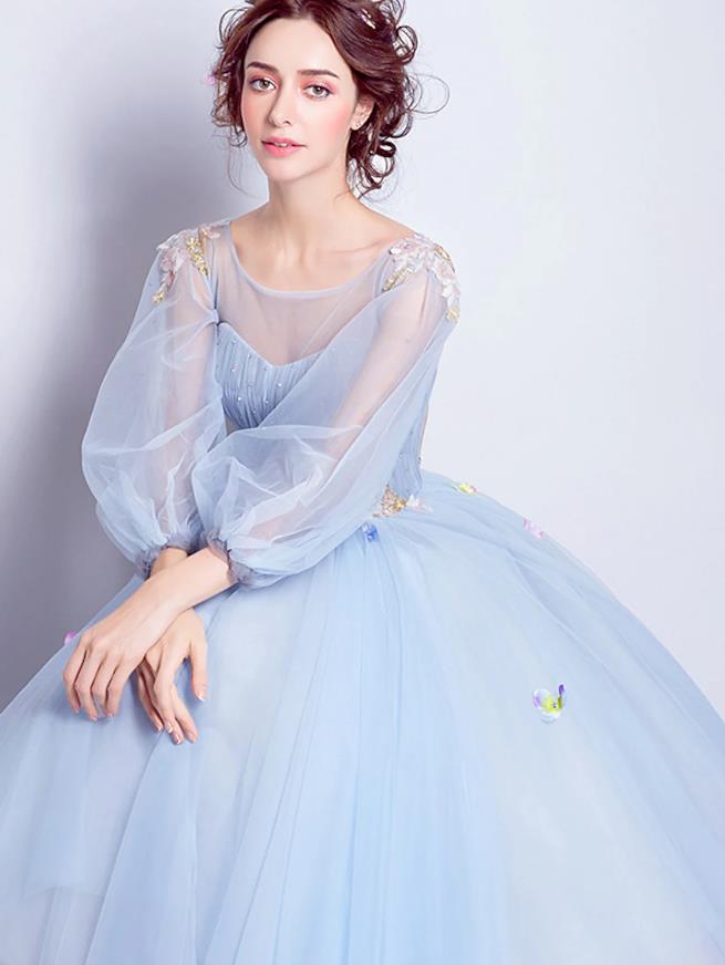 Ball Gown Elegant Floral Puffy Quinceanera Engagement Dress Illusion Neck 3/4 Length Sleeve Floor Length Tulle with Pleats Appliques